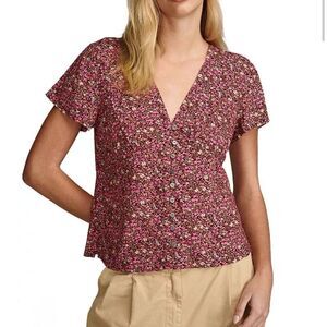 Lucky Brand V-Neck Button Front Blouse in Pink Multi Floral - Size XL
